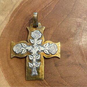 Jeep Collins Cross & Roses Pendant, Brass and Sterling Silver
